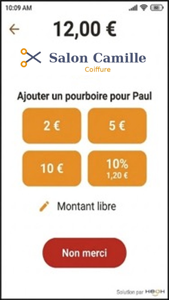 Écran de pourboire aux couleurs d’un salon de coiffure fictif, avec le prénom du collaborateur