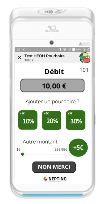 Pourboire proposé en pourcentages