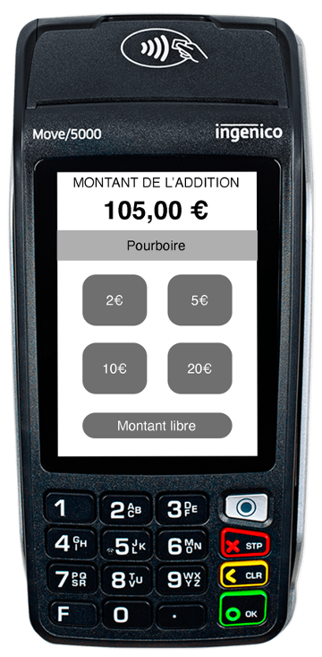 Terminal Ingenico Move 5000 proposant un pourboire de 2 €, 5 €, 10 € ou 20 €