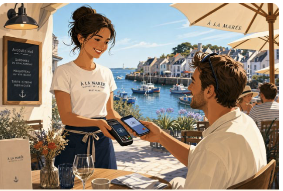 Serveuse proposant le pourboire sur un terminal de paiement en terrasse